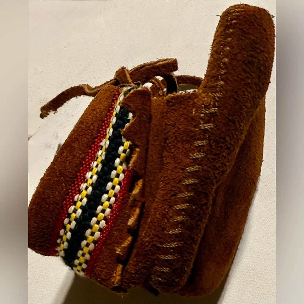 Minnetonka Brown Suede Kids Moccasins with Multicolor Woven Trim